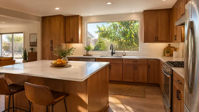 Remodeled kitchen in a 1970s single-story ranch-style home in a neighborhood near Sahuaro Ranch Park in Glendale, Arizona: low dropped ceiling replaced with a smooth ceiling and recessed lights, warm wood cabinets, white quartz, and a window looking at a mature citrus tree in the backyard
