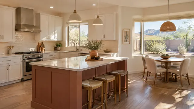 Updated kitchen in a late-1990s single-story stucco home in the Sierra Verde area of Glendale, Arizona: plant-shelf ledge removed, soft white shaker cabinets, a muted terracotta island, light quartz, a breakfast nook window looking at a backyard with desert landscaping and a block wall