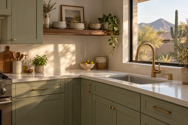 Finished kitchen corner after a full remodel: matte sage cabinets, white quartz countertop, an unlacquered brass faucet over an undermount sink, open walnut shelf with ceramic dishes