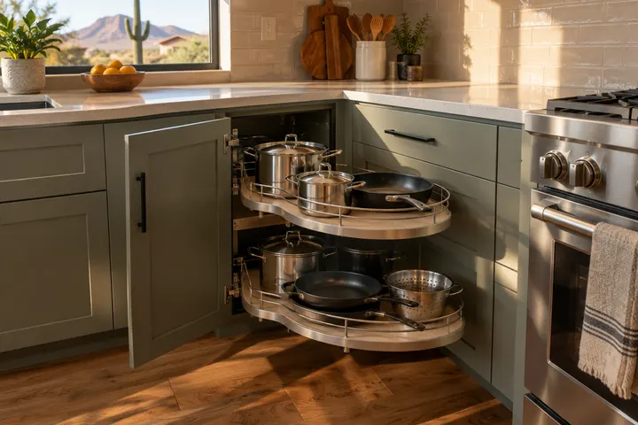 Blind corner kitchen cabinet with a swing-out shelving mechanism pulled out holding pots and pans