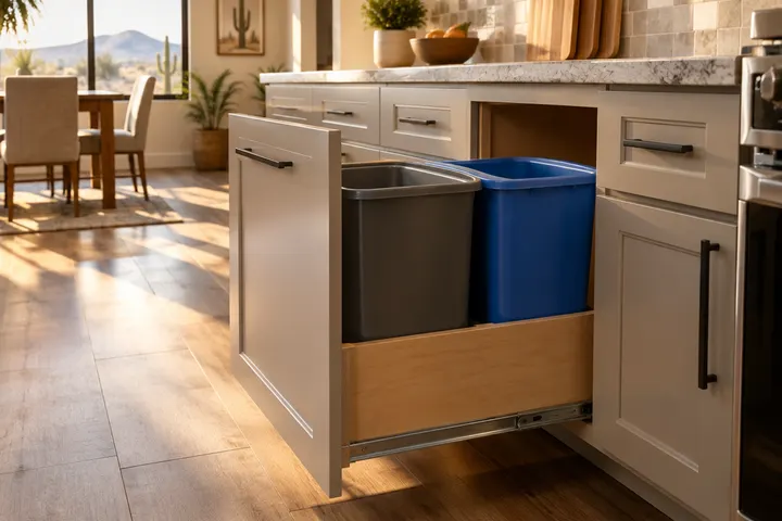 Pull-out double trash and recycling cabinet open under a kitchen counter, two bins, soft-close drawer