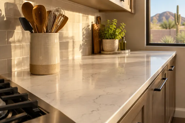 Warm white quartz countertop with faint gray veining and an eased edge on a kitchen perimeter beside a ceramic utensil crock