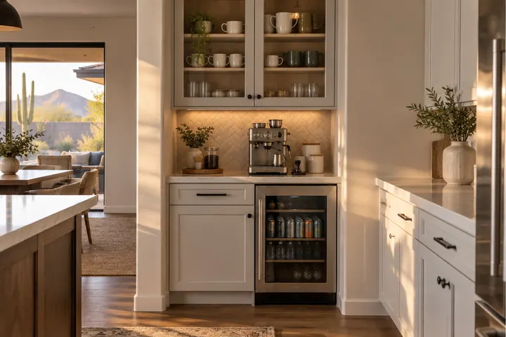 Built-in coffee and beverage station in a kitchen: a counter niche with an espresso machine, upper glass cabinet with mugs, a small beverage fridge below