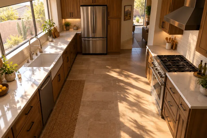Kitchen with a clear working path between a sink on the window wall, a range on the side wall and a refrigerator at the end, wide walkway, viewed from above at an angle
