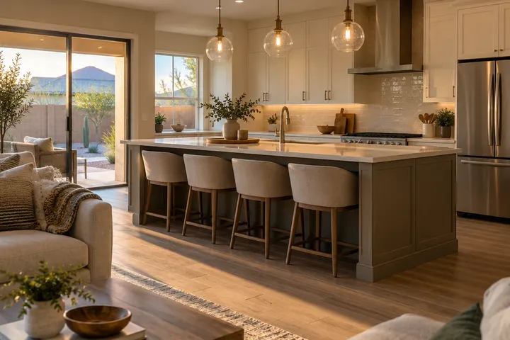 Kitchen island with a countertop overhang and four upholstered counter stools tucked under it, viewed from the family room side