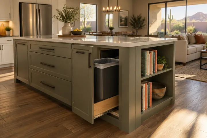 Working side of a kitchen island with wide drawers, a pull-out trash cabinet and an open end shelf holding cookbooks without readable titles