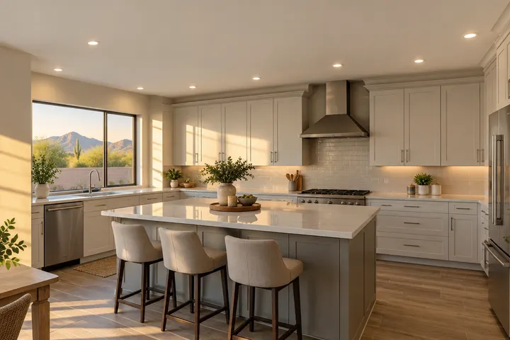 Smooth white kitchen ceiling with evenly spaced slim recessed LED lights turned on above cabinets