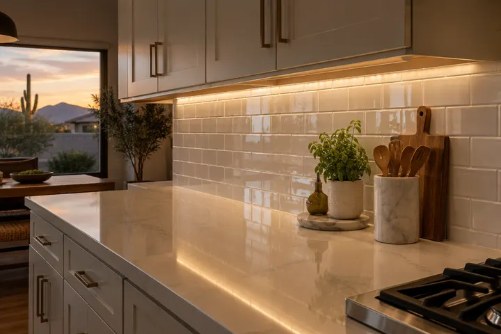 Under-cabinet LED strip lighting washing down a glossy white tile backsplash onto a quartz countertop at dusk